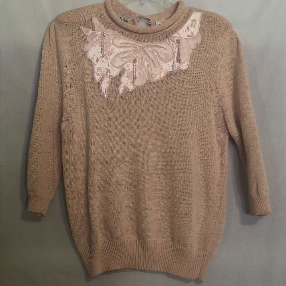 Shapely Knits pink jeweled neckline sweater no size label back length 26”